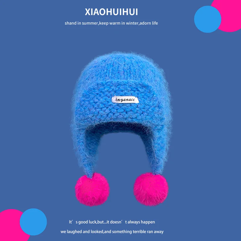 Topi Bomber Rajut Korea Sederhana dan Modis dengan Hiasan Bulu untuk Wanita, Menjaga Kepala Tetap Hangat di Musim Gugur dan Musim Dingin