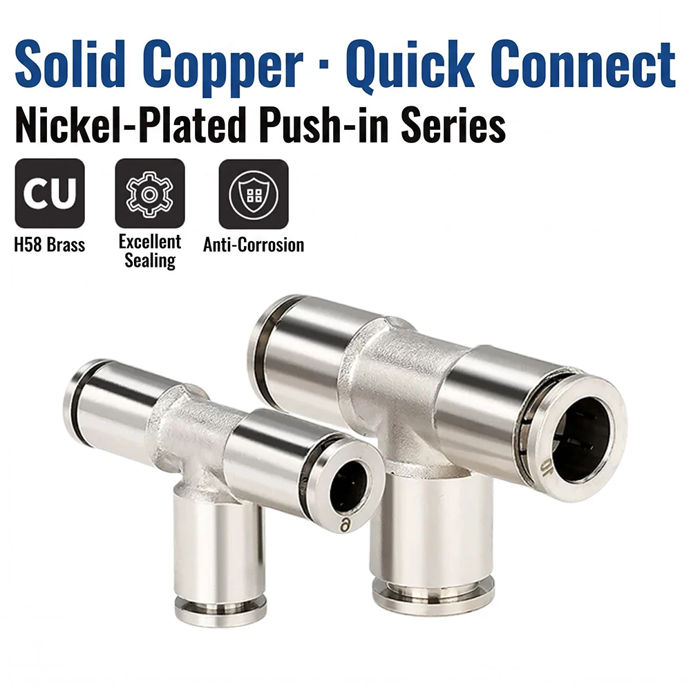 PE PEG Pneumatic Joint All Copper Nickel Plated Metal Air Pipe Quick Connect T-shaped Three-way Hose Air Compressor Accessories