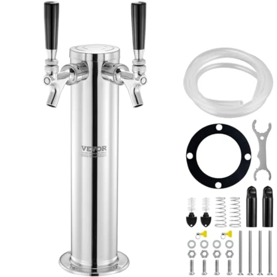 

VEVOR Dual Taps Draft Beer Tower Dispenser Stainless Steel Keg Beer Tower Kegerator Tower Kit with Pre-Assembled Tubing and Sel