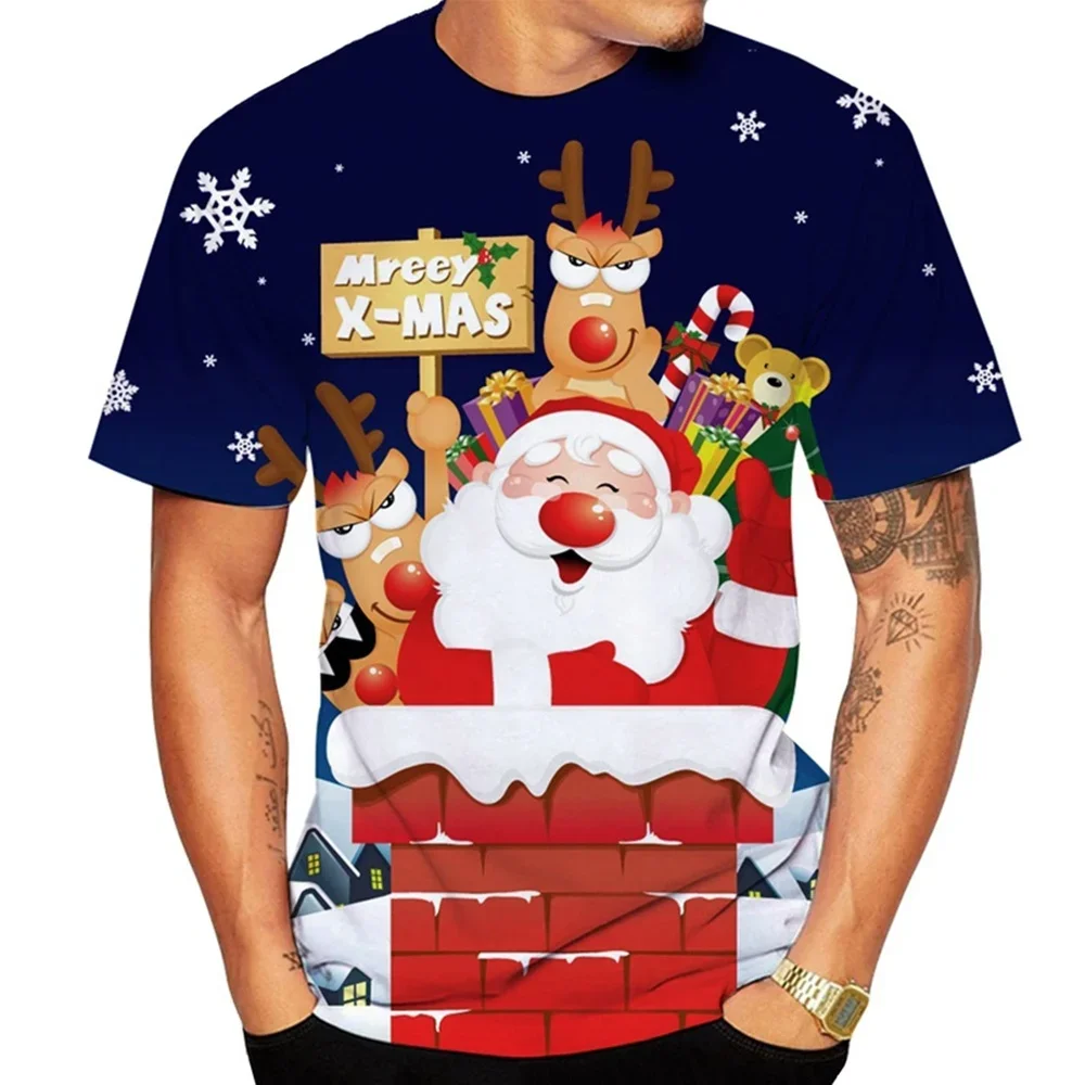 Fashion New Men Christmas T-Shirt All Over Santa Claus 3D Full Print Short Sleeve Crew Neck Xmas Casual Tee Tops
