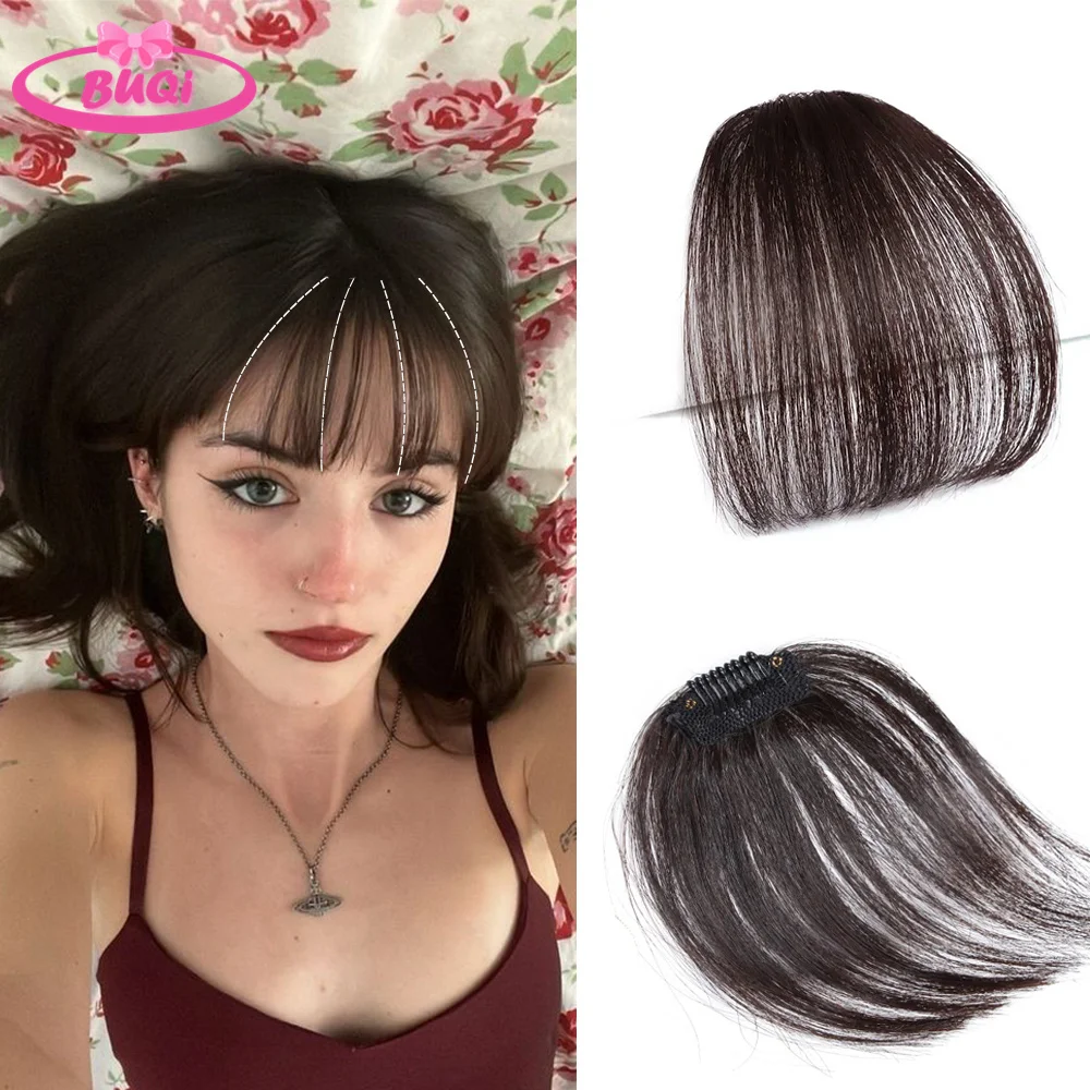 BUQI Synthetic Bangs Hair Clip In Hair Extensions Wispy Bangs Clip On Fringe Air Bangs For Women Hairpieces Curved Bangs