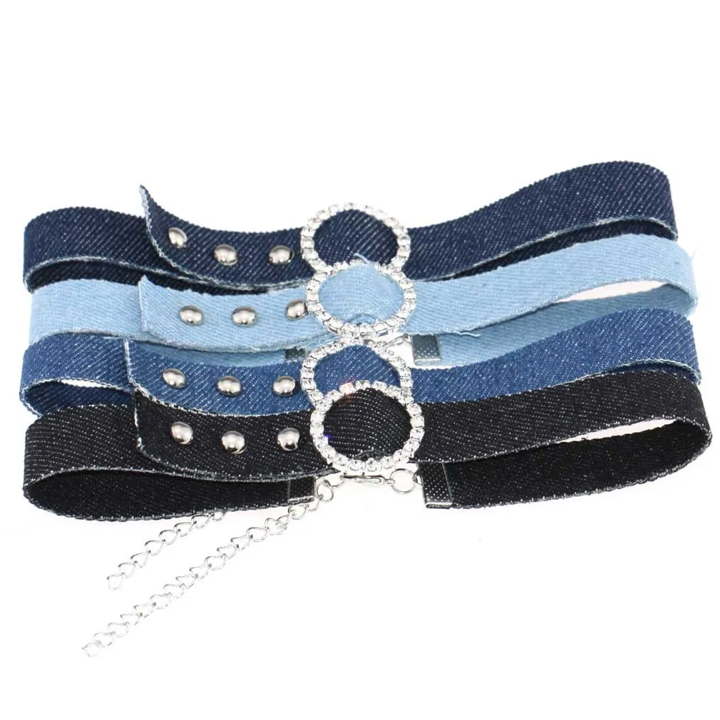 Punk Harajuku Simple Geometry Sexy Hot Girl Denim Circle Multicolored Stainless steel Water drill Necklace Clavicle chain