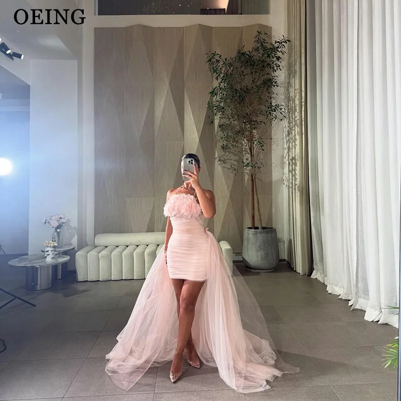 OEING Elegant Mermaid Prom Dress Mini Princess Pink 3D Flowers Gala Party Dress With Detachable Train vestidos Customized