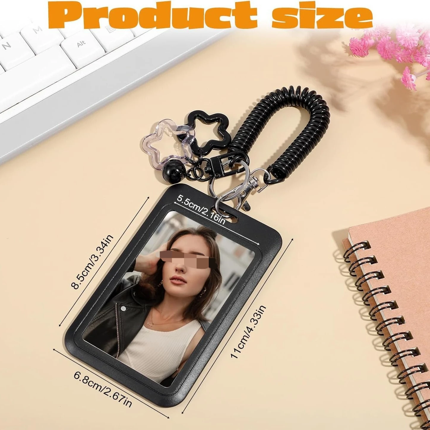 BlackSliding Creit Card Holder Case with Badge Reel Keychain Detachable Fashion Star ID Holder for Bus Card Key Ring