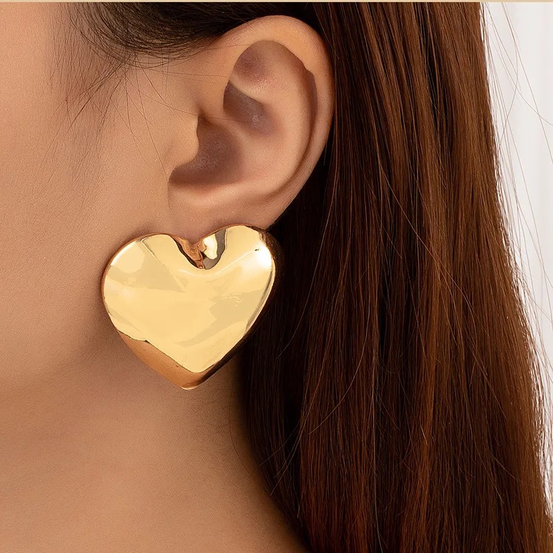 Exaggerate Metal Silver Color Glossy Heart Earrings for Women Girl Simple Trendy Punk Ear Stud HUANZHI 2023 NEW