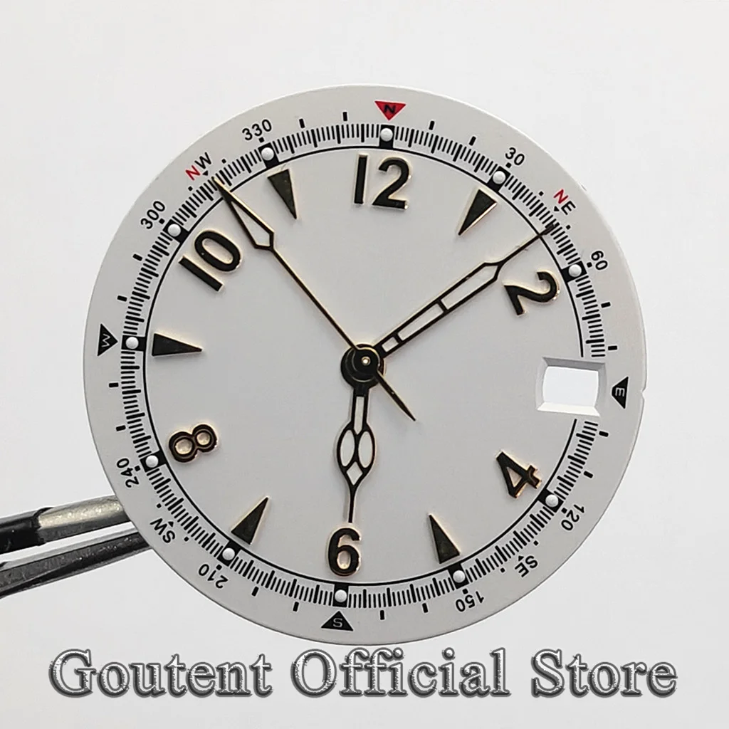 Goutent 28.5mm Sterile Watch Dial Compass Scale Bezel Green Luminous Date Window Multi‑Color Fit NH35 Automatic Movement