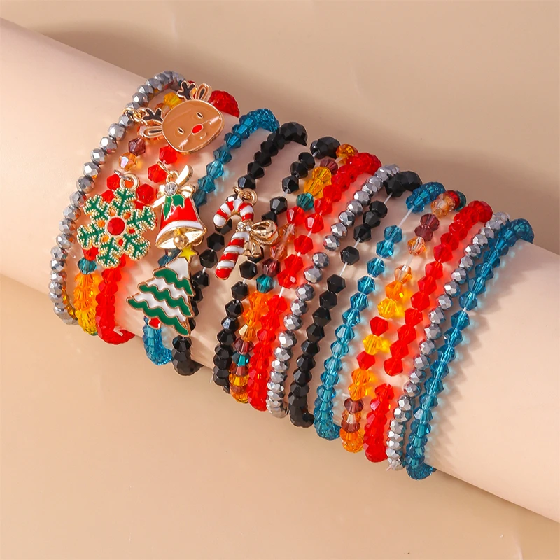 10Pcs/Set Fashion Handmade Colorful Beads Bracelets for Women Christmas Snowflake Deer Bell Charms Bracelets Girls Festival Gift