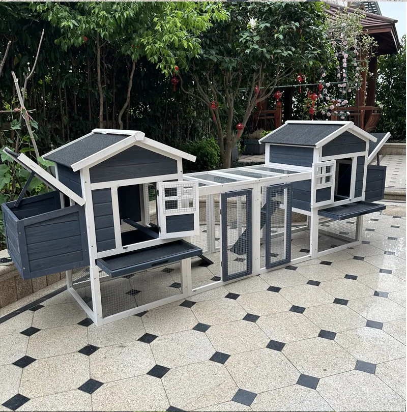 

Superior Double Unit Wooden Chicken Coop With Connecting Run Well Built Outdoor Pet Habitat for Backyard Chicken Raising