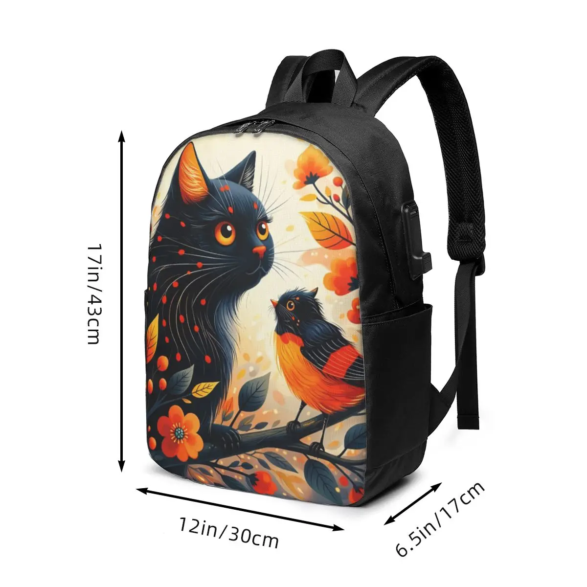 Eastern Black Cat And Floral Bird Design Backpack Travel Notebook Bag Computer College Student School Bag Laptop Shoulder Bags