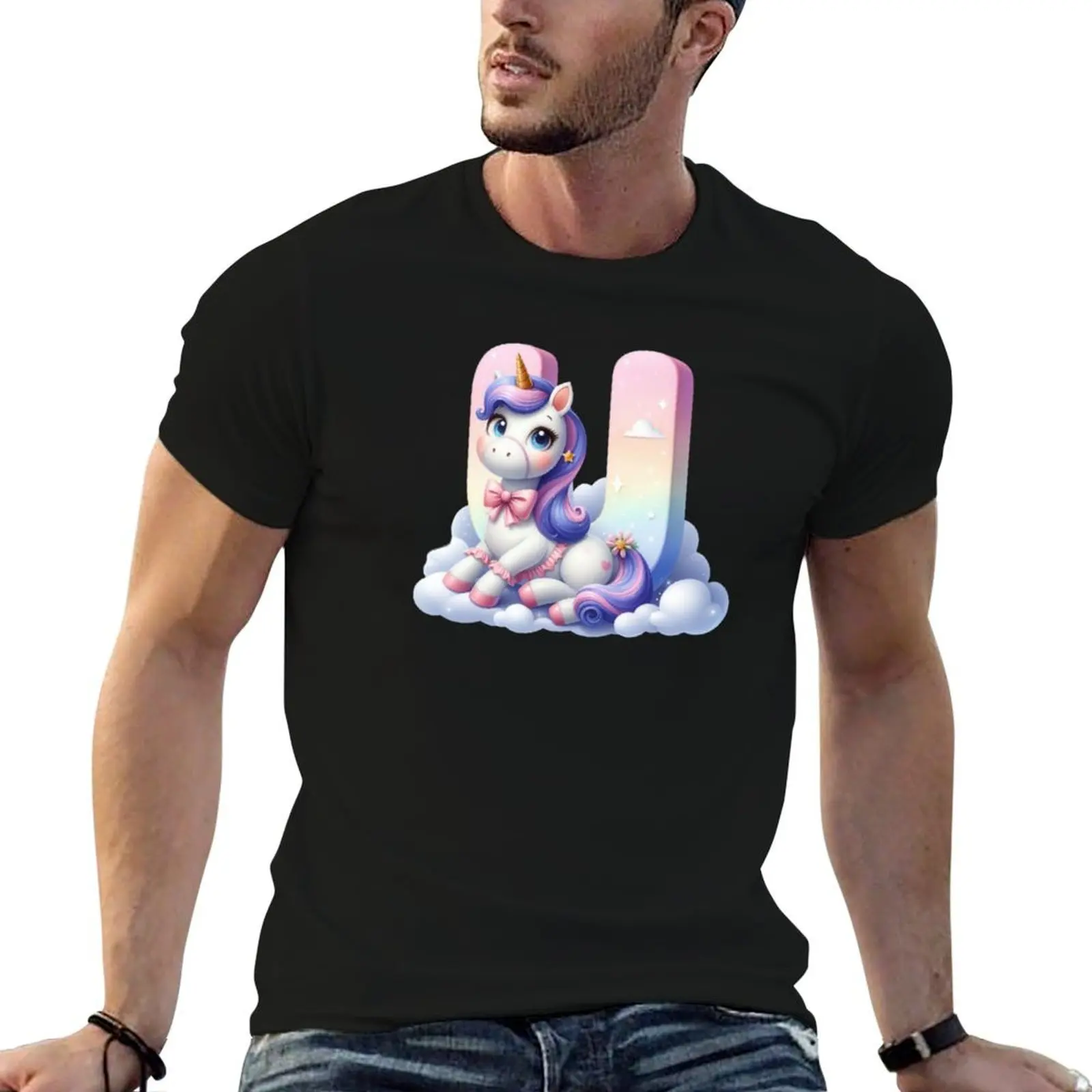 Unicorn kawaii alphabet monogram letter U T-Shirt Sports Casual Breathable Tee Shirt