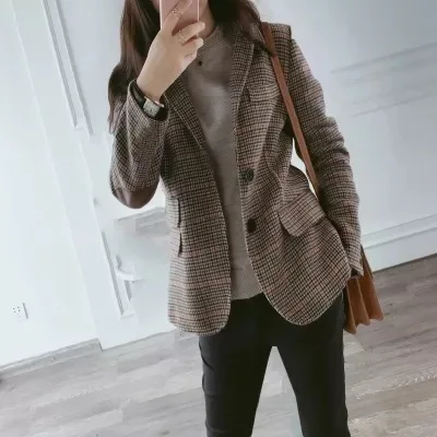 

Women's Plaid Wool Blend Blazer Notched Lapel Single Breasted Coat Vintage Brown Plaid Blazers Casual Office Wear