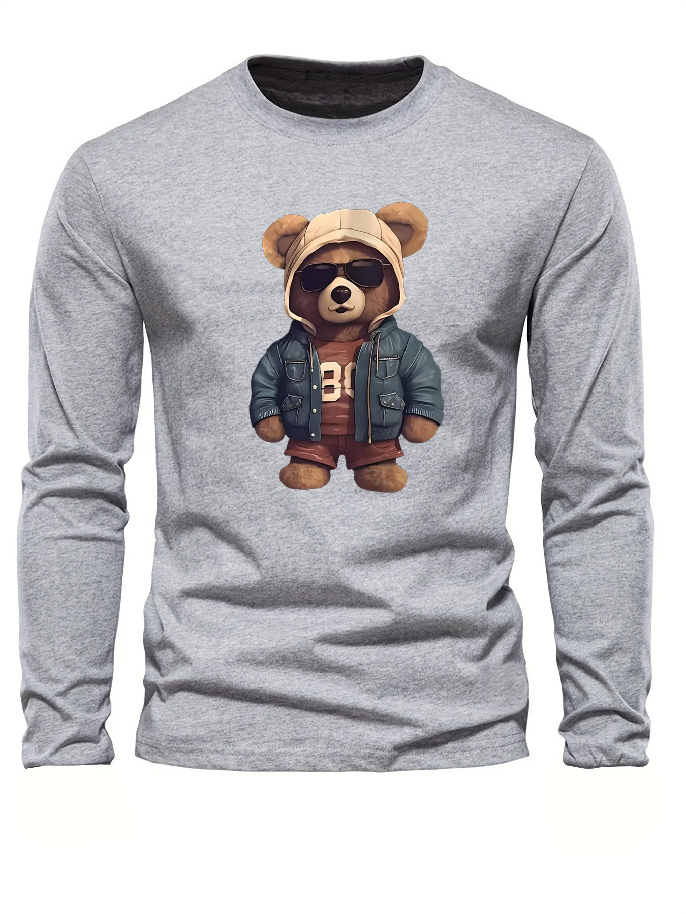 100 coton hommes décontracté à manches longues col rond ample ours motif imprimé automne et hiver T-shirt haut polyvalent