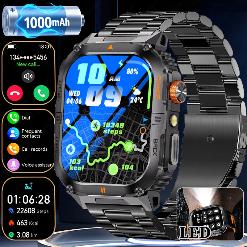 

Новые прочные военные часы со светодиодным фонариком, умные часы для мужчин, пульсометр, Bluetooth-вызов, водонепроницаемые уличные умные часы для Android ios