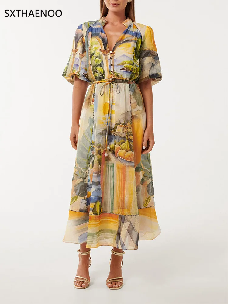 

SXTHAENOO Holiday Spliced Lace Up Midi Dress for Women V Neck Short Sleeve High Waist Printed Chiffon Dresses Female Summer 2025