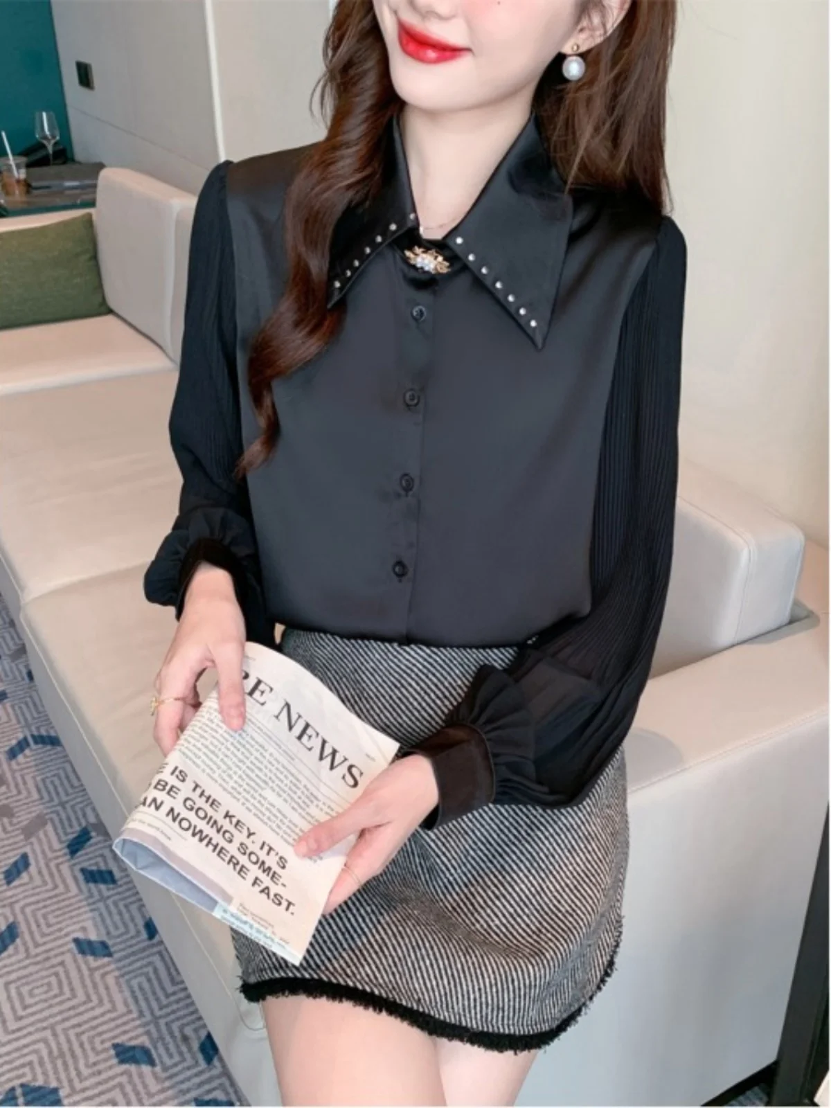 

Ele Lace Ne Heavy Embroidery Spring 2025 New Faion High End Chiffon Top Women's Busin Casual Slim Fit irt