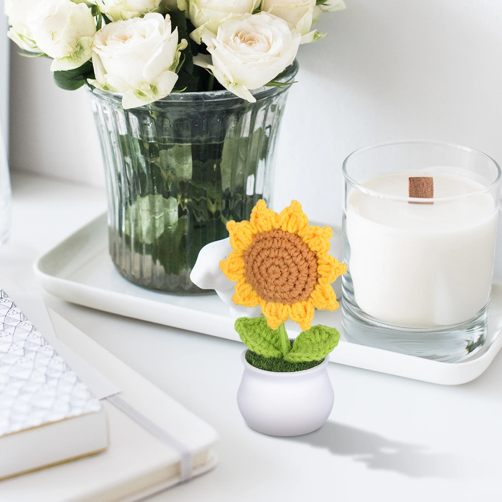 

Sunflower Potted Plant Crochet Car Decor Artificial Flower Bouquet Handmade Knitted Sunflower for Desk Home Decor Dashboard