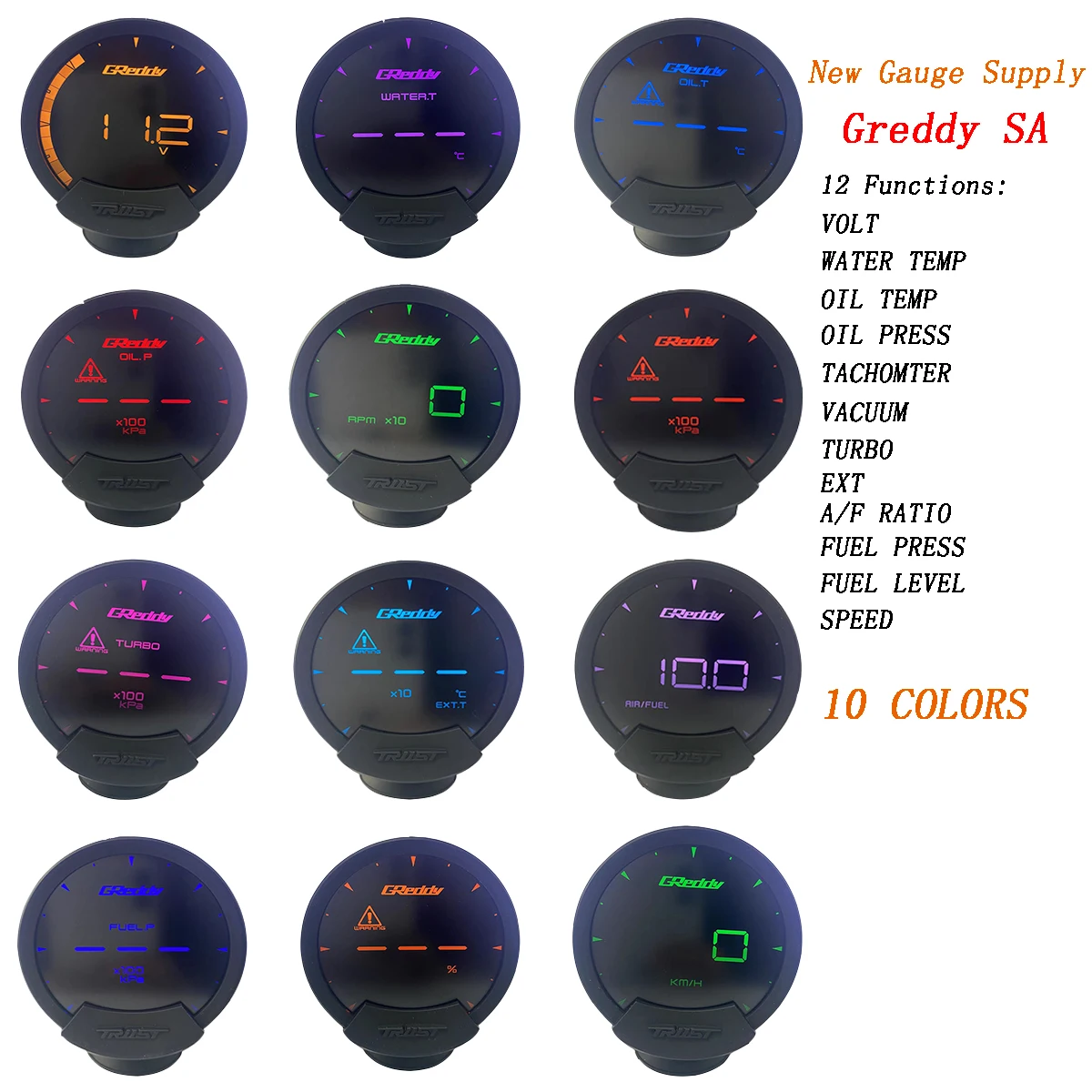10 Colors Greddi Sirius LCD Racing-Gauge Turbo Speed ​​Volts Water&Oil Temp Oil Press RPM A/F Fuel Ratio No Controller Required