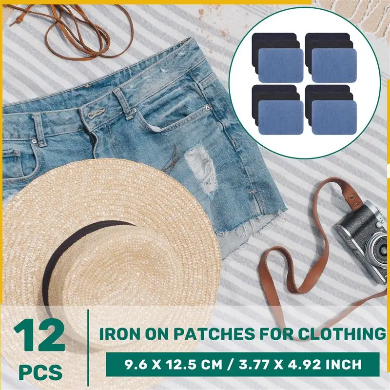 A92P Ferro em remendos jeans para roupas jeans 12 peças, 3 cores (4,9 polegadas x 3,7 polegadas)