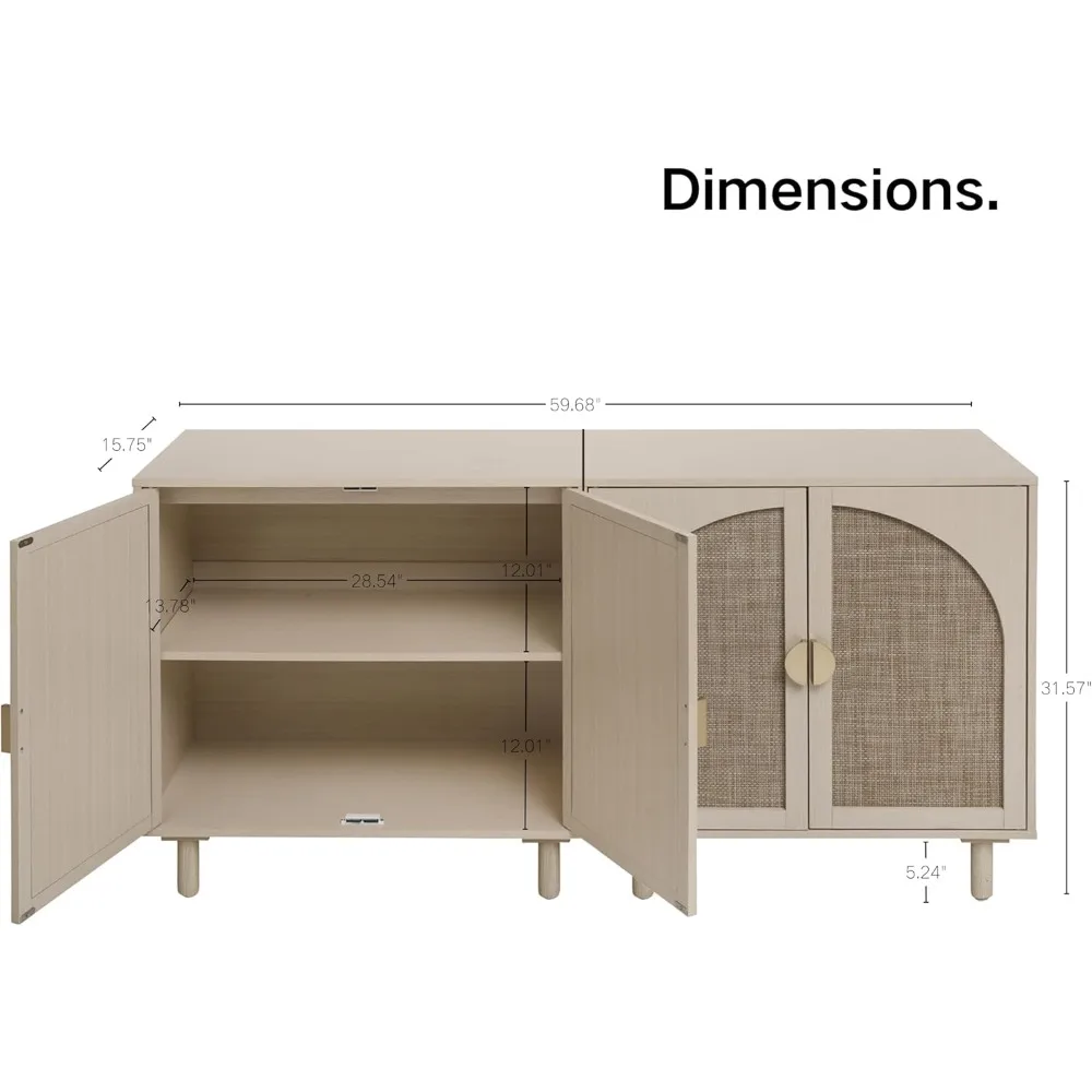 Armoire de rangement en rotin, buffet Boho beige avec étagère réglable, loquet de porte magnétique. (2 pièces, Beige.)