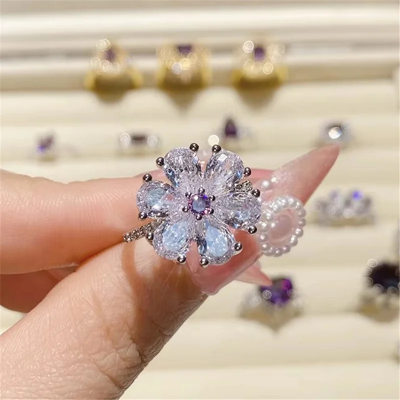 Created Amethyst Rings for Women Fine Jewelry Open Size Sparkling White Diamand Series Silver Color Engagement Party Accessories