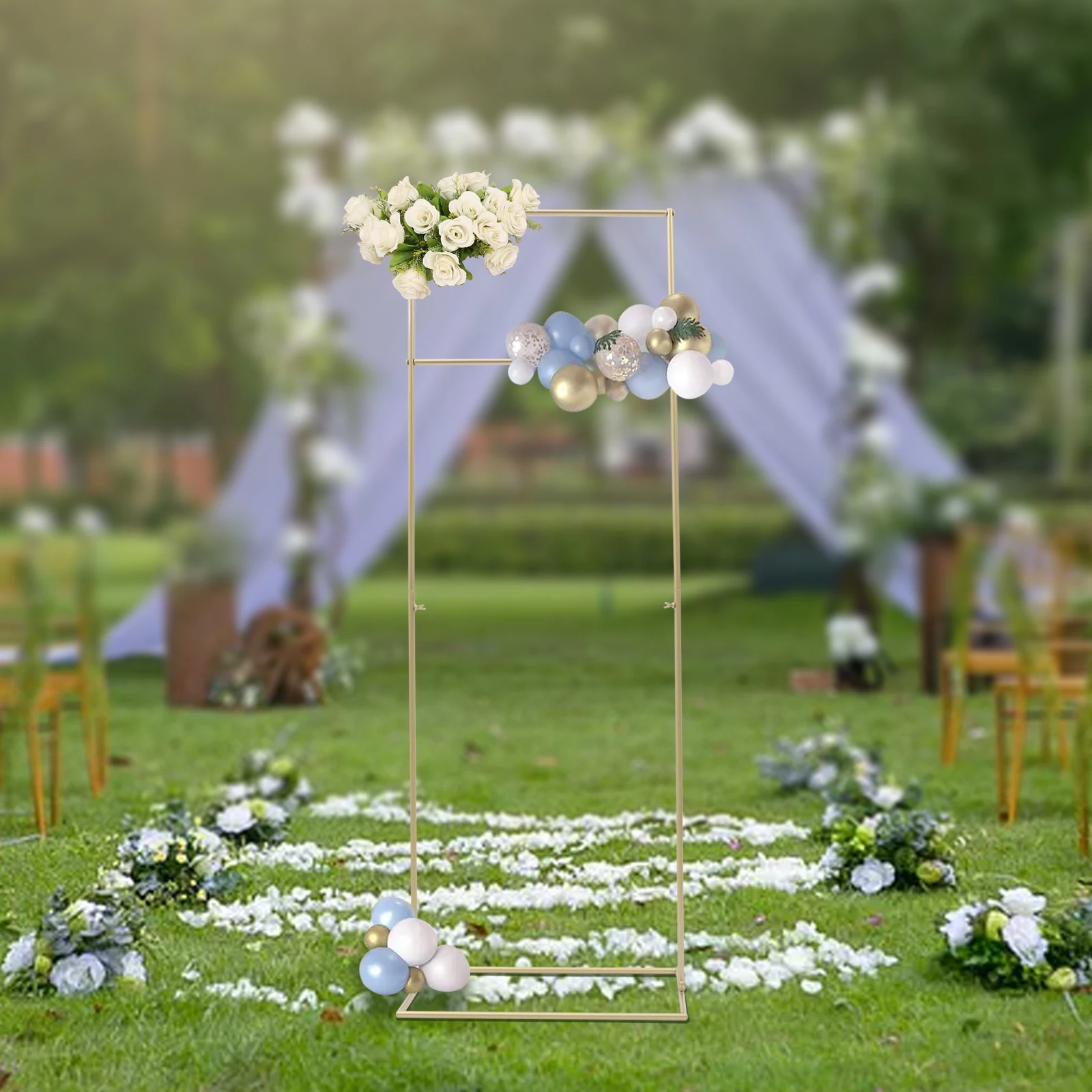 5FT Metal Wedding Arch Stand Rectangle Balloon Frame Backdrop Venue Decor Flower Display Rack for Wedding 155cm Gold/White