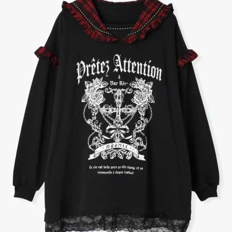 Women's Subculture Black Long-sleeved Hoodies Japanese Vintage Y2k Print Lace Patchwork Hoodie Autumn New Harajuku Style Cloths