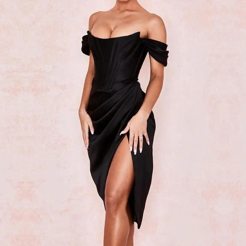 2025 nouvelles femmes hors-la-épaule, bustier, fishbone minceur, fente couleur unie à la mode et sexy robe courte