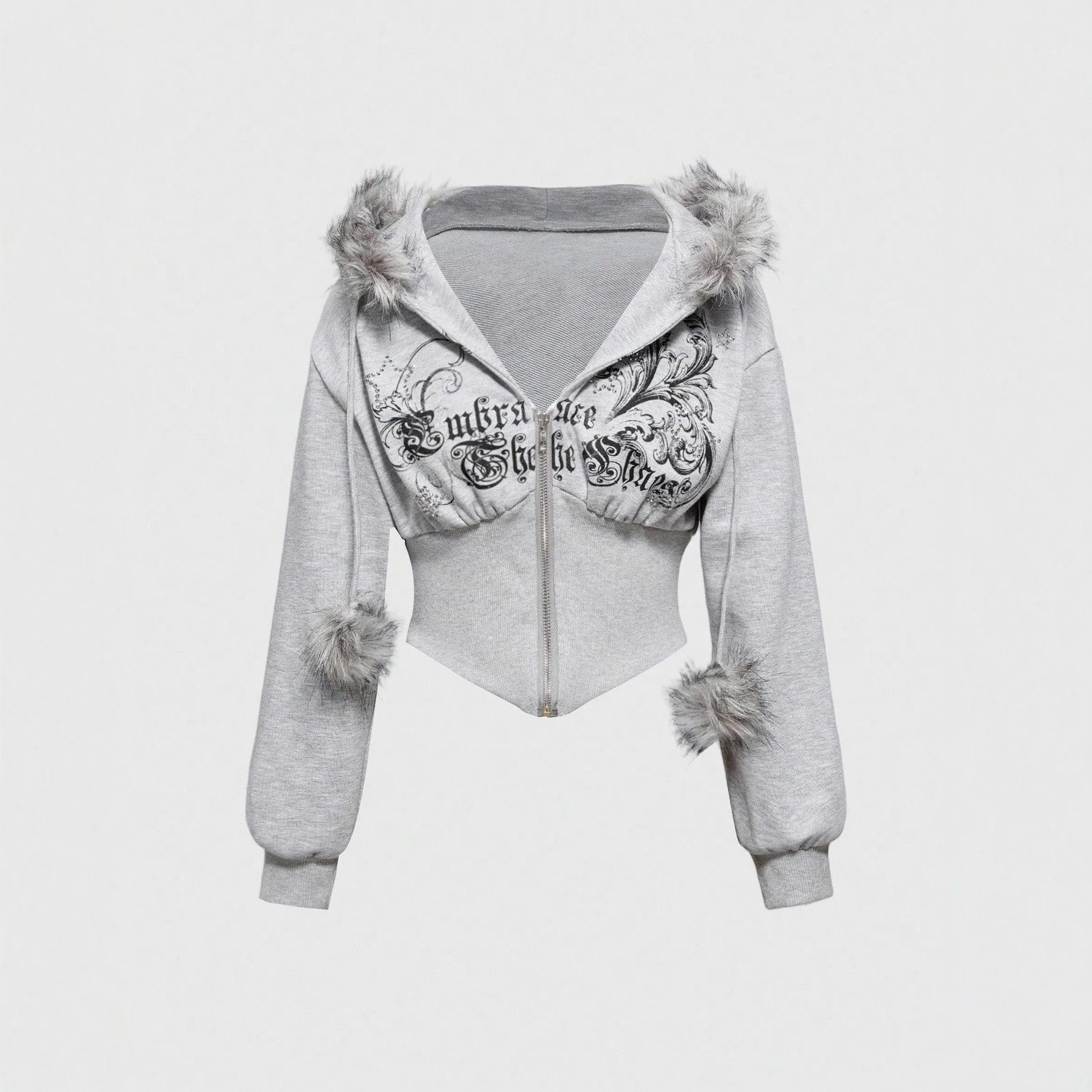 2026 Women's American Retro Faux Fur Trim Hoodie Zip Up Corset Waist Cropped Jacket For Spring Autumn view 5