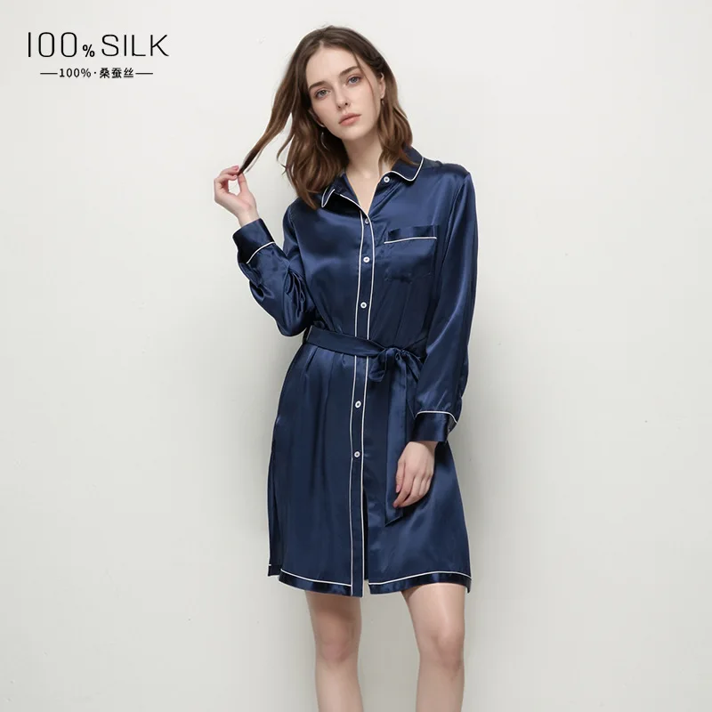Women's French Style Long Sleeve Silk Chemise Dress Elegant Collar Sleepwear Luxury Comfortable Home Dress