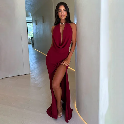 Imagen 2 del producto Vestido de mujer 2025 verano cuello Halter espalda descubierta Sexy Vestido largo dividido Y2k moda 2025 Vestido de verano Vestido de fiesta para mujer