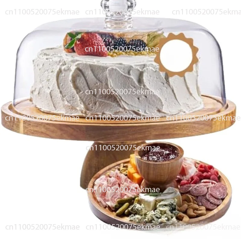 Wooden Cake Stand with Lid Multipurpose Serving Platter Decorative Cake Plate Dessert Display for Nachos Wedding Birthday Party