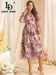 LD LINDA DELLA Autumn New style Women's Ball Gown Dress Lantern Sleeve Edible Tree Fungus Edge Mesh Vintage Print Party Dresses