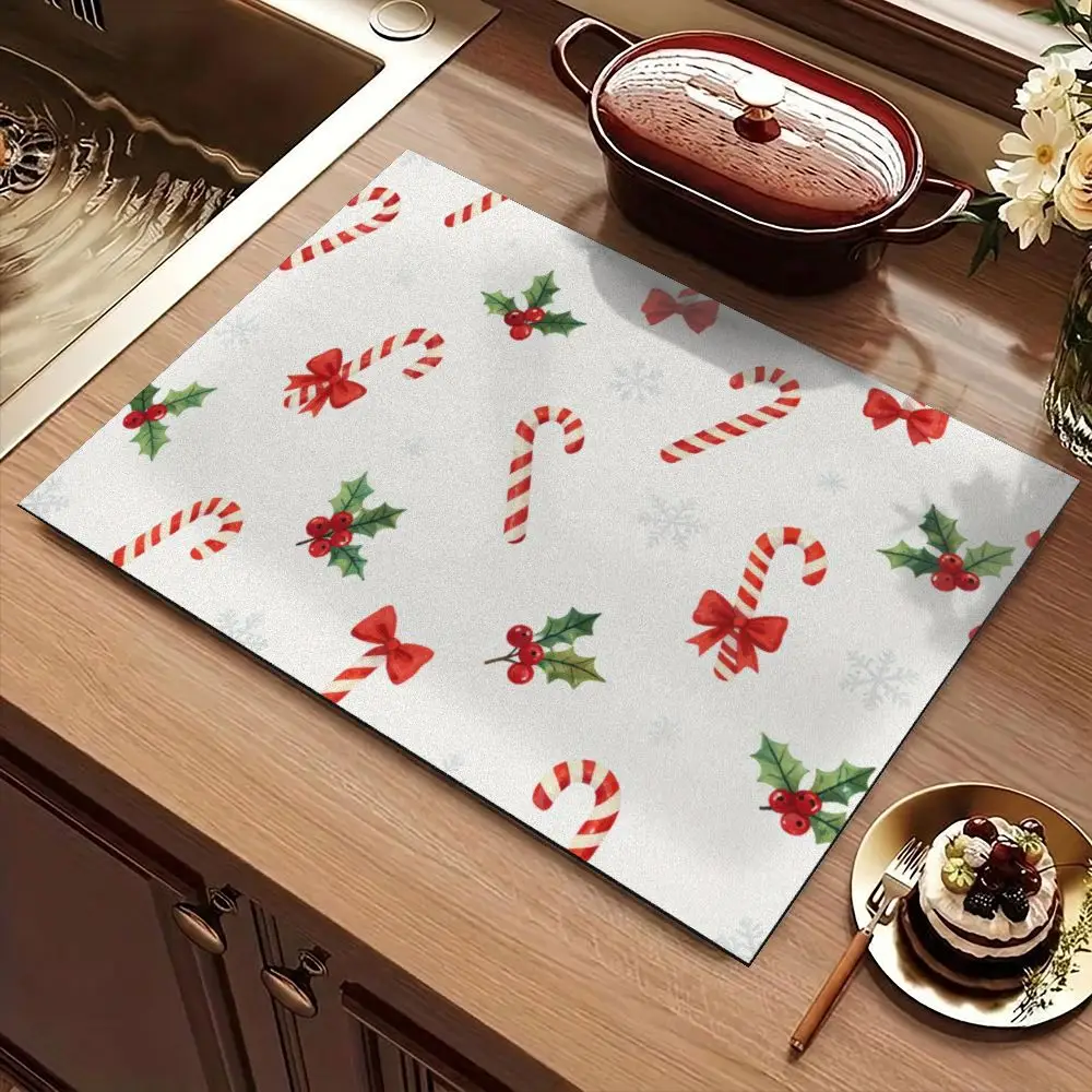 Pink Vintage Santa Claus Drying Mat Retro Santa Head Pine Snowflake Print Quick Water Absorbent Pad For Kitchen Counter Sink