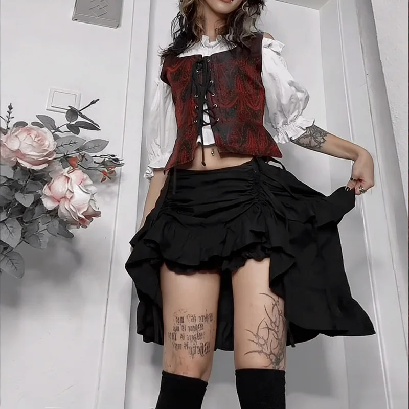 

SKMY Ruched Irregular A-Line Skirts Black 2026 New Spring Women Clothing Gothic Punk Fashion Versatile Mini Skirts Streetwear