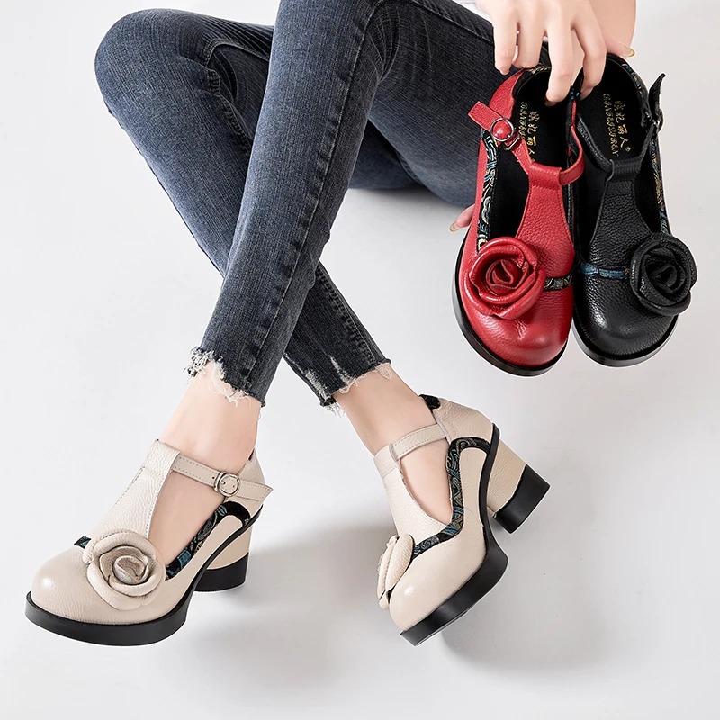 GKTINOO Spring Women Pumps Retro Lady 7CM High Heels Buckle Strap Flower Pumps Handmade Women Genuine Leather Shoes