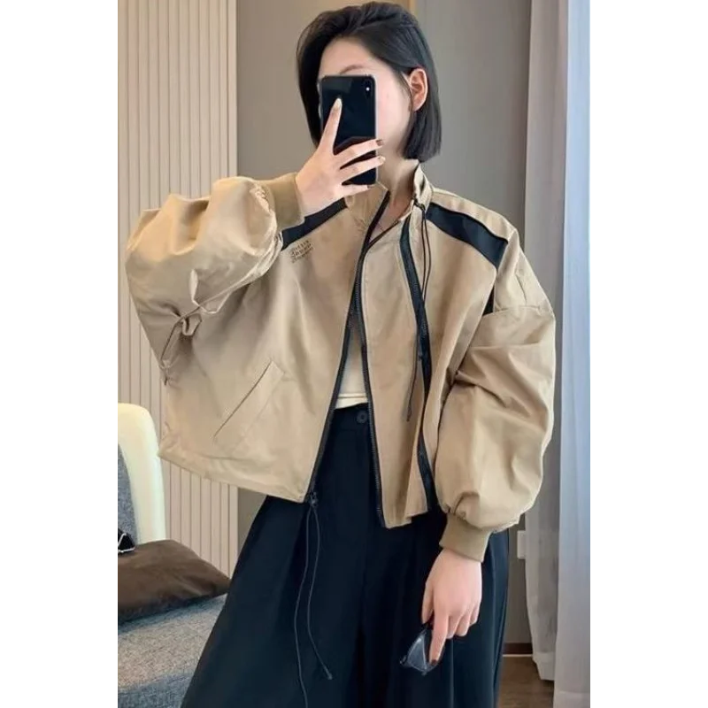 

Корейская короткая куртка, женская двойная молния, свободная повседневная ветровка с воротником-стойкой, куртка Charge