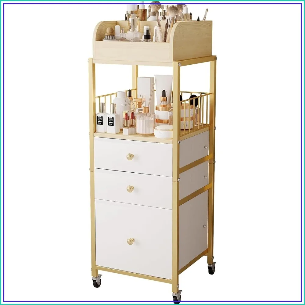 

Floor Makeup Organizer Cart with Drawers, 3-Tier Cosmetic Storage for Skincare, Perfume, Nail Polish, Hair Tools, Gold