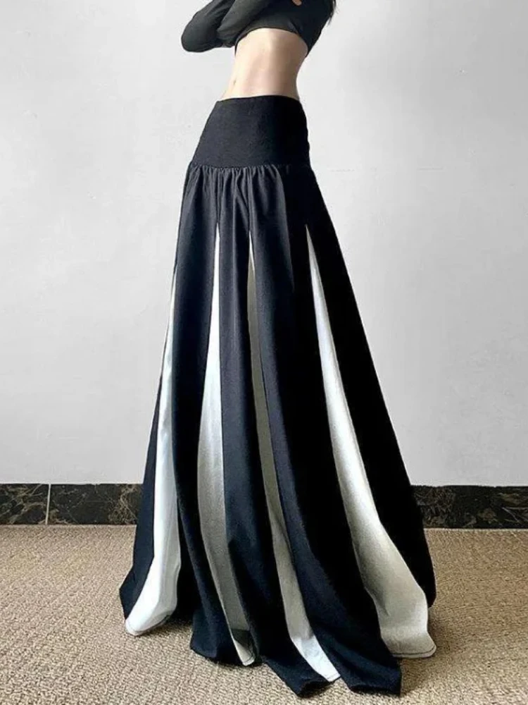 Oversize Black White Patchwork A-line Skirts Y2k Mid-length Loose Skirt For Women 2025 Spring New Korean Fashion Clothing