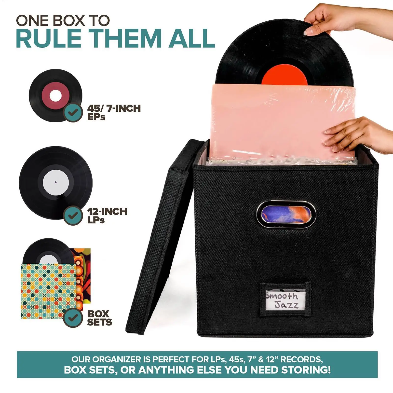 حامل ألبوم صندوق حامل السجلات مع غطاء ومقبض صندوق متحرك مزخرف لـ 50 صندوق تخزين سجلات 12 بوصة لمكان العمل