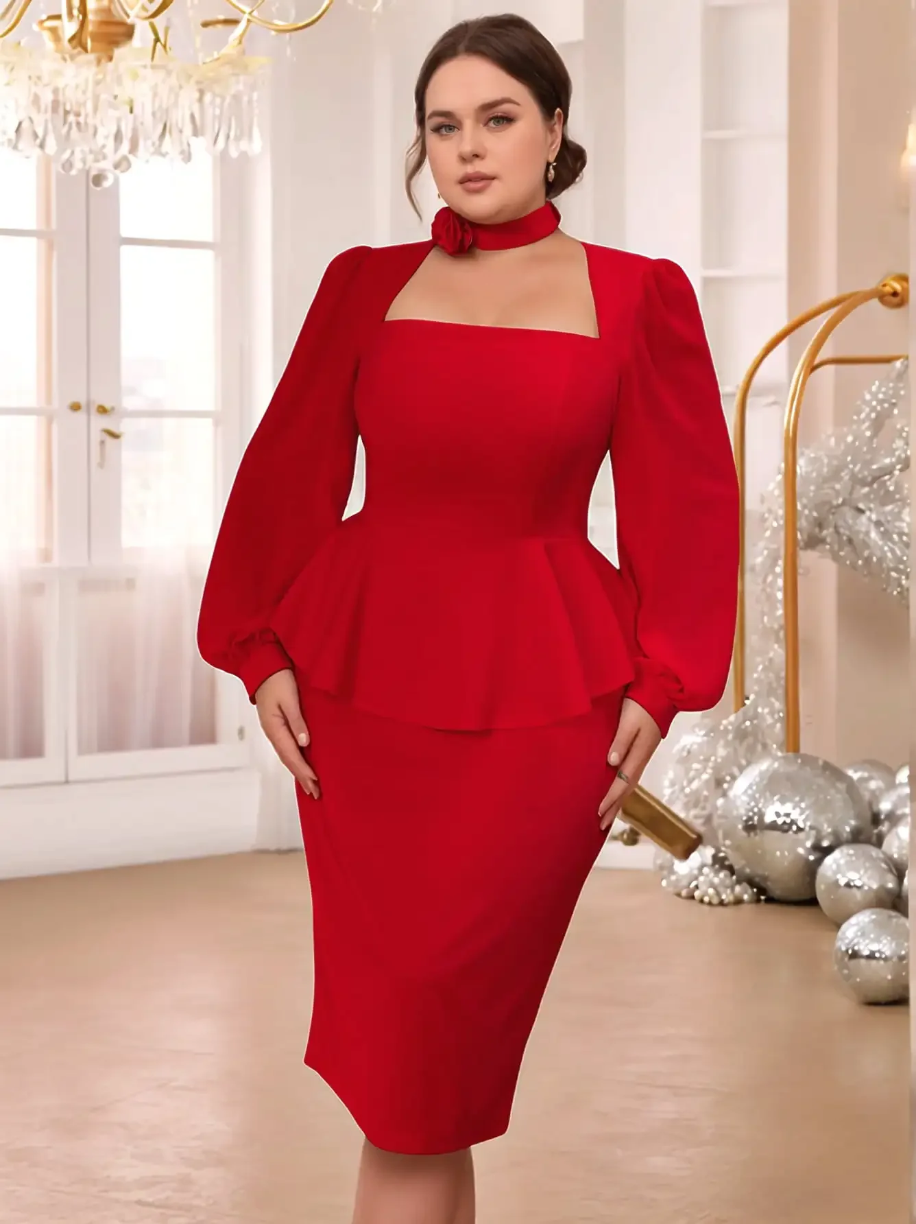 Plus Size Women Red Midi Dress Square Collar Long Lantern Sleeve High Waist Pencil Bodycon Evening Birthday Cocktail Party Gowns