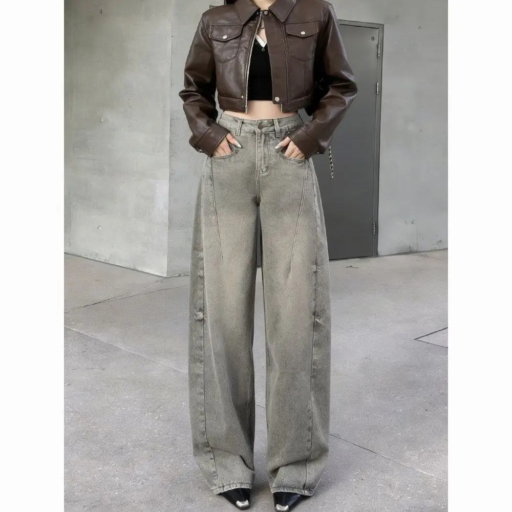 

Summer 2026 High Waist Wide Leg Jeans Women's Loose Floor-Length Knife Distressed Light Grey Retro American Style