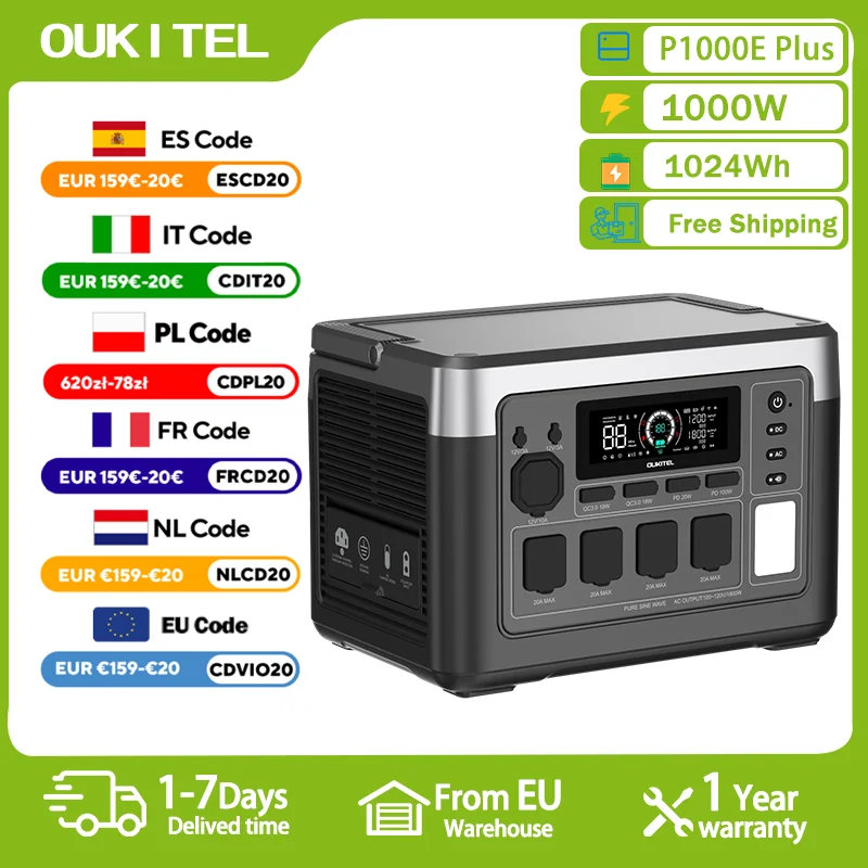 OUKITEL P1000 PLUS Tragbares Kraftwerk 1800 W Solargenerator 1024 Wh Lifepo4-Batterie Home Backup Outdoor Camping Mobile Stromversorgung
