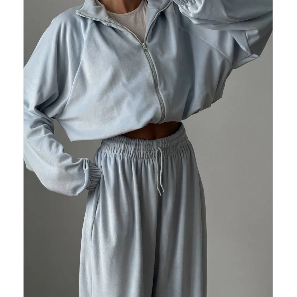 Women's Two Piece Tracksuit Set Solid Jogging Zipper Fleece Sweatshirt Suit Stand Collar Sports Wide Leg Straight Pants Outfit