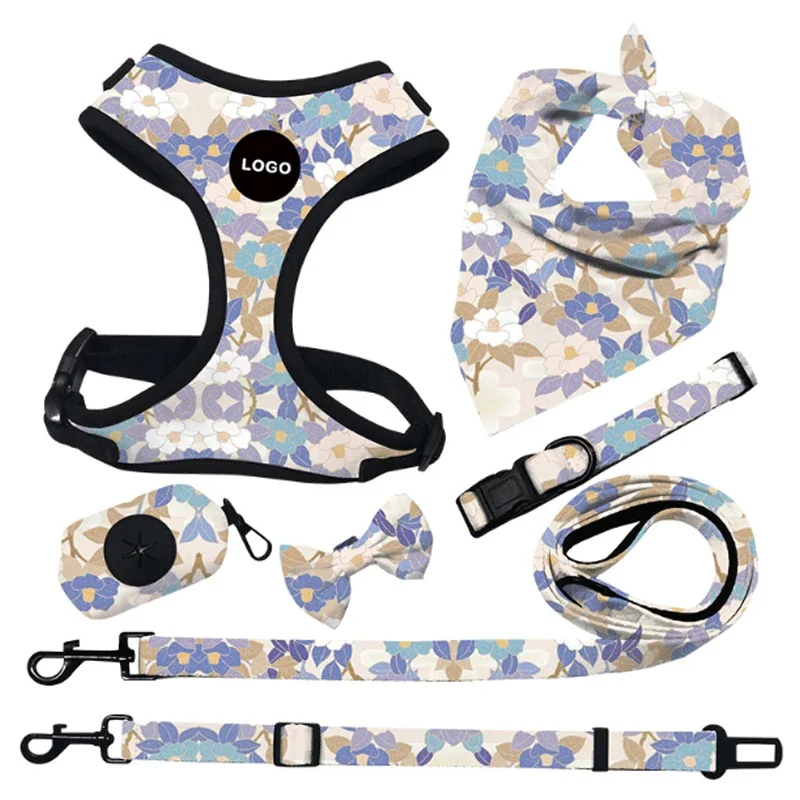 Custom Neoprene Waterproof Padded Mesh Designer Pet Bandana Neck Collar Lead Set Dog Harness Leash