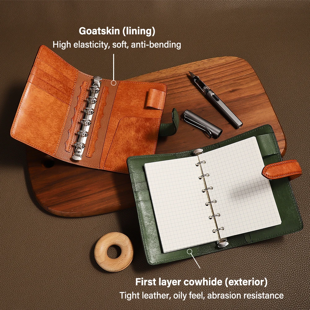CRAZYSMITH Handmade A7 Ring Binder Journal Vintage Top-Grain Leather Cover Refillable Loose Leaf Binder Notebook Journal Diary