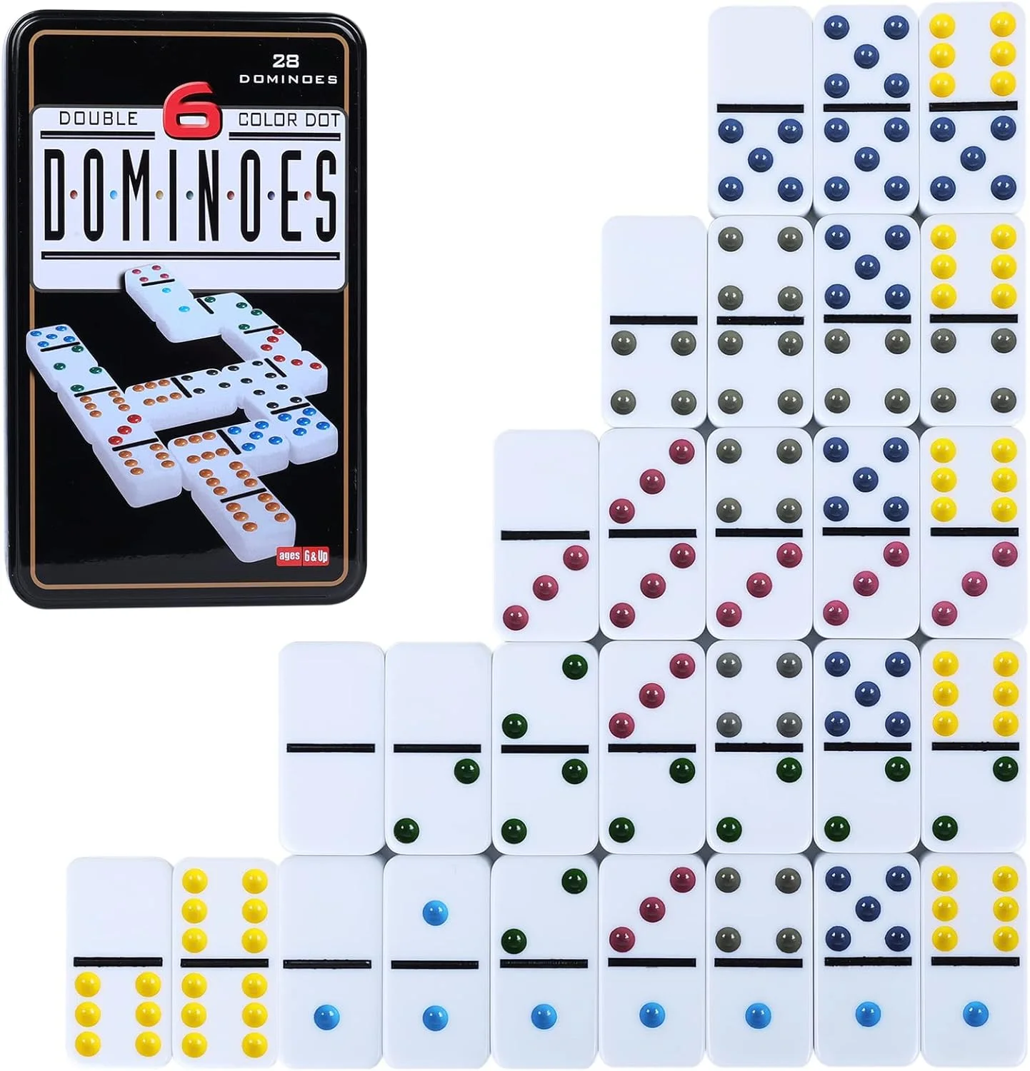 Ensemble de 6 dominos doubles pour adultes avec boîte de rangement en fer blanc, ensemble de jeux de dominos à points colorés de 28 carrelage pour cadeau de nuit en famille, jeu de voyage