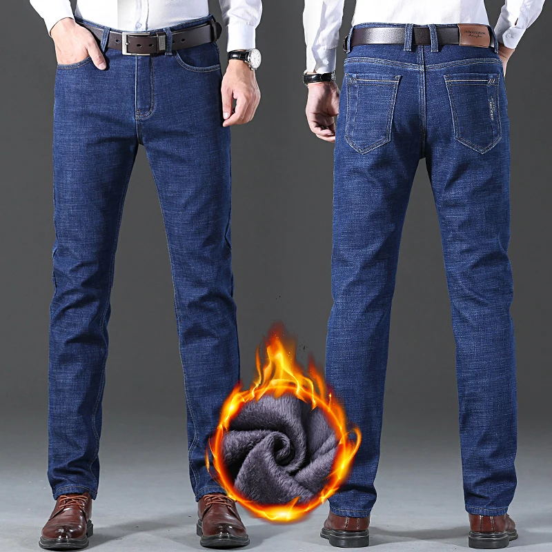 Jeans in pile classici dalla vestibilità regolare da uomo Pantaloni elasticizzati casual larghi alla moda da uomo Pantaloni caldi imbottiti in velluto di marca maschile
