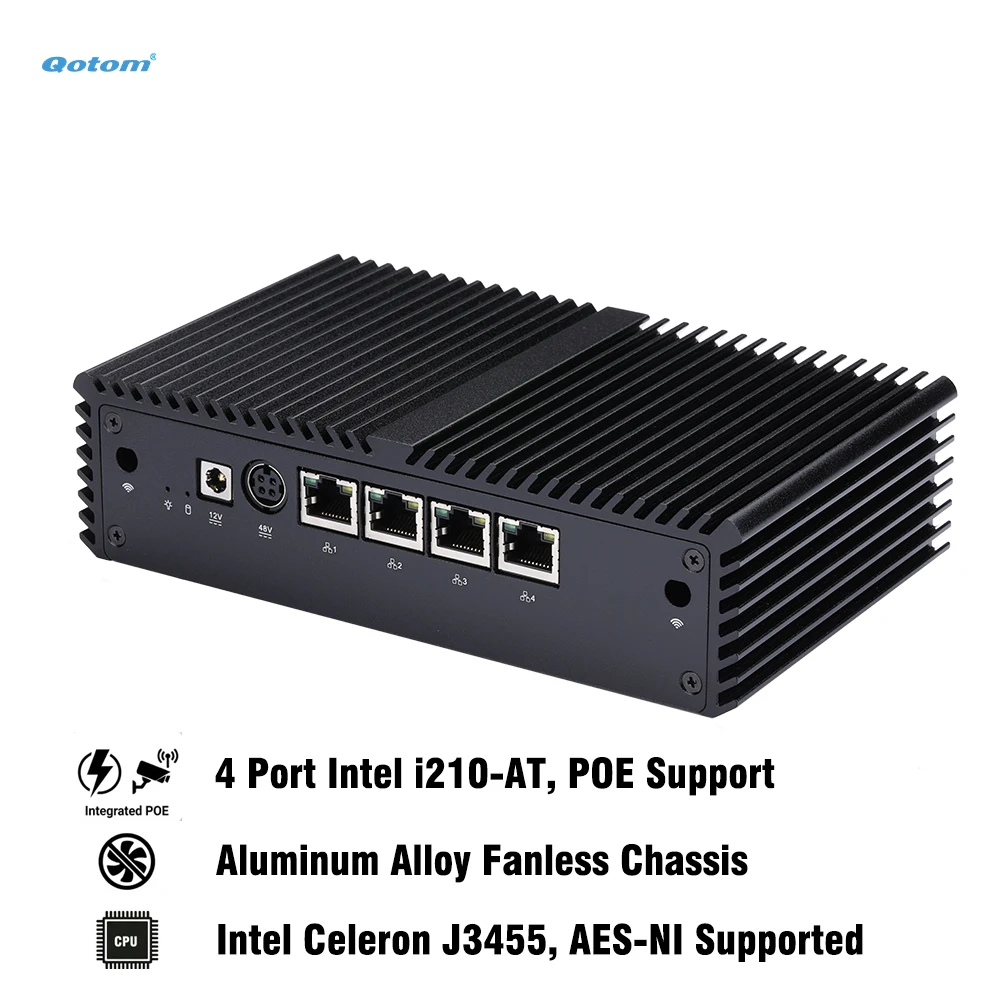 

Мини-ПК Qotom J3455 без вентиляторов, 4 порта Intel i210-AT Gigabit LAN, поддержка POE, консольное управление, UEFI, AES-NI, маршрутизатор с функцией фаервола для pfSense