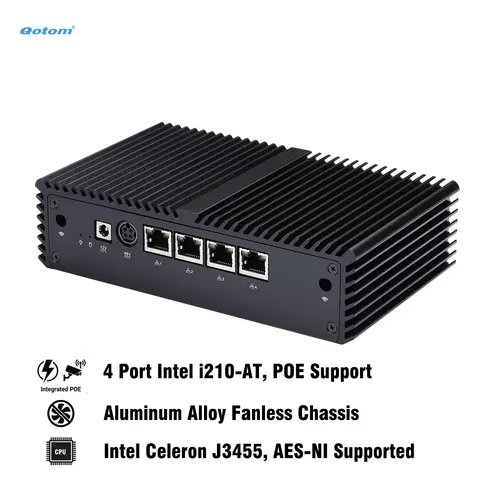 Qotom J3455 Fanless Mini PC, 4x Intel i210-AT Gigabit LAN, POE Support, Console, UEFI, AES-NI, Firewall Router for pfSense