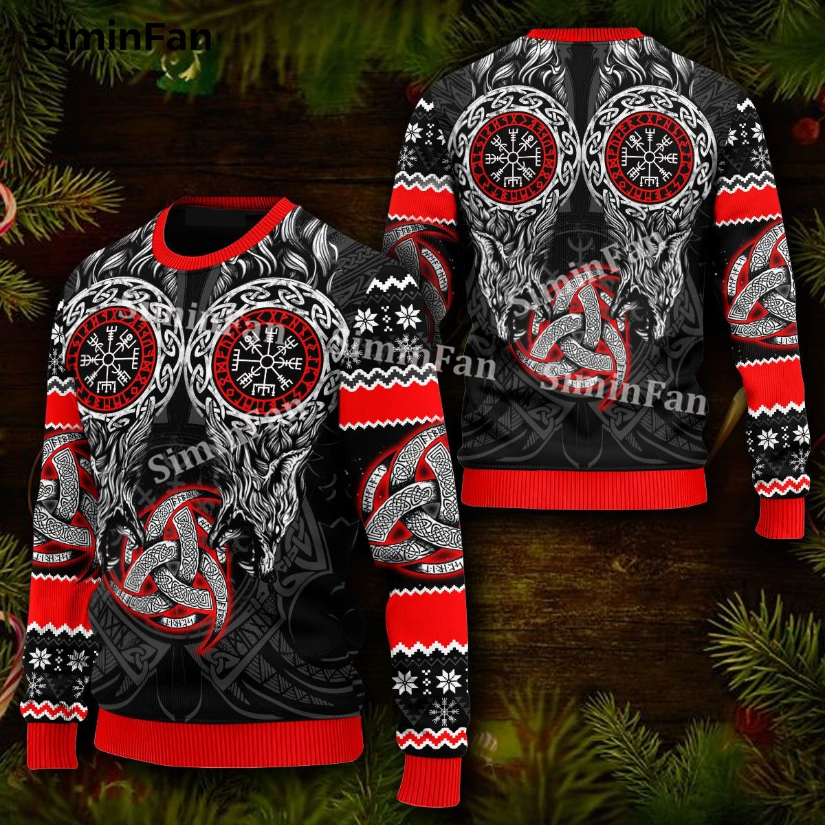 Red Horn Wolf Viking Ugly Christmas Sweatshirt Jumper 3D All Over Printed Men Female Pullover Male Long Sleeve Shirt Unisex Top